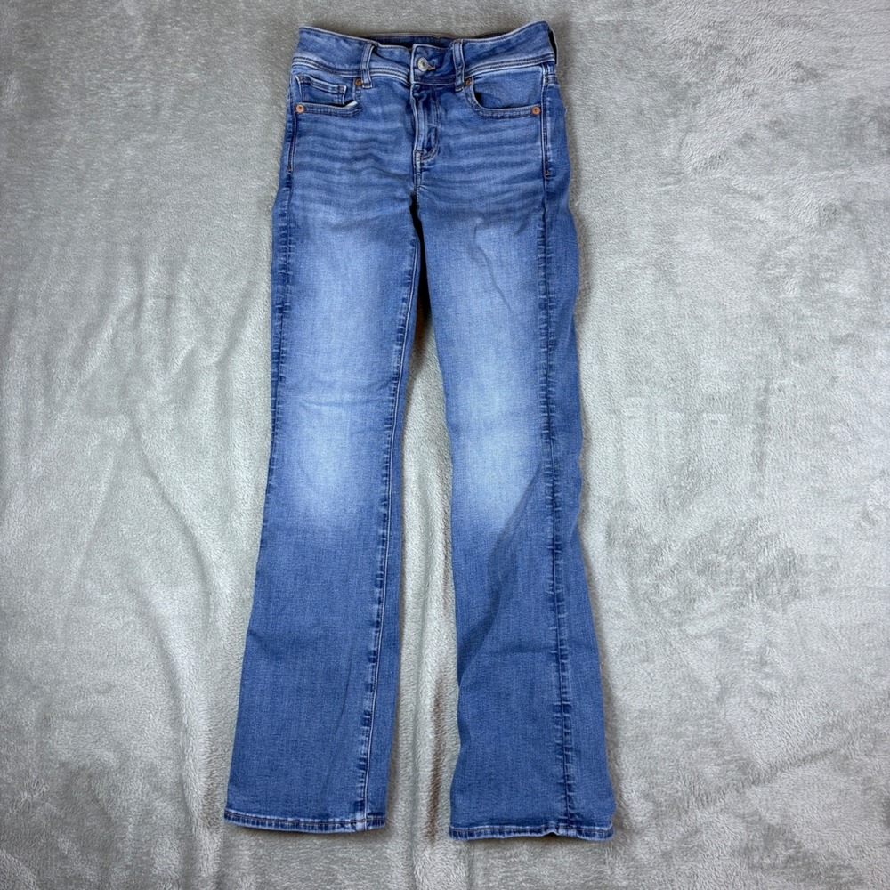 American Eagle Jeans Women 00 (Fits 26x29) Kick Boot Blue Whisker Faded Stretch